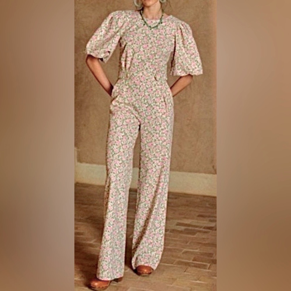 Sézane Claude Jumpsuit Wide Legs Balloon Sleeves Linen/Cotton Pink Green Size 2